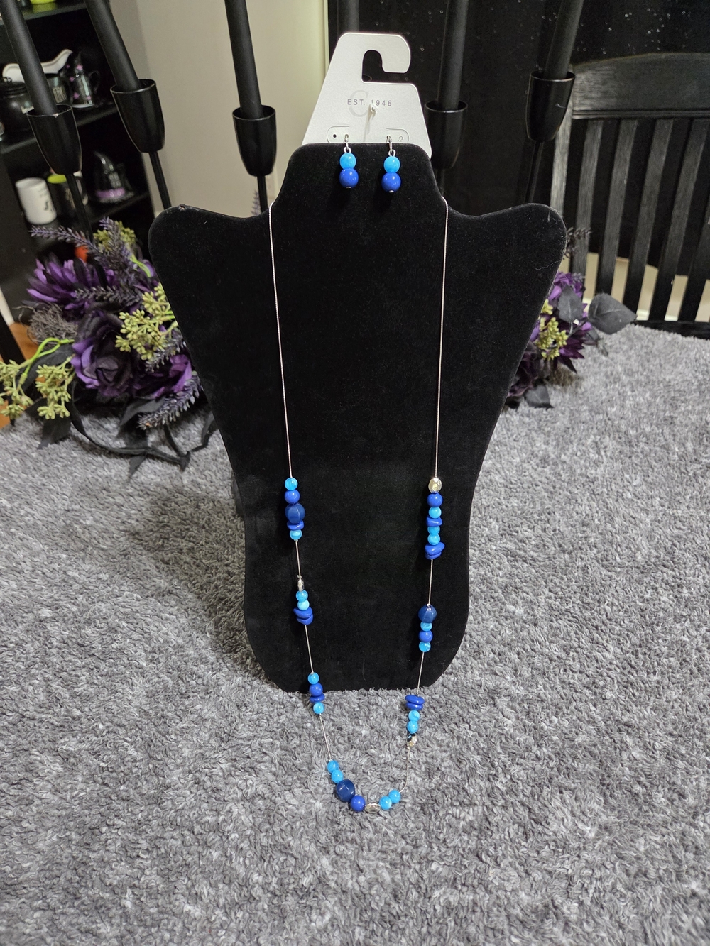 Cato Blue Beaded Long Necklace with Matching Earrings